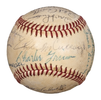 1945 Chicago Cubs National League Champion Reunion Multi-Signed ONL Feeney Baseball with 19 Signatures Including Grim, Leonard & Pafko (JSA)